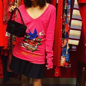 SOLD! Y2K Ed Hardy Pink L/S Rhinestoned Rose Bird
